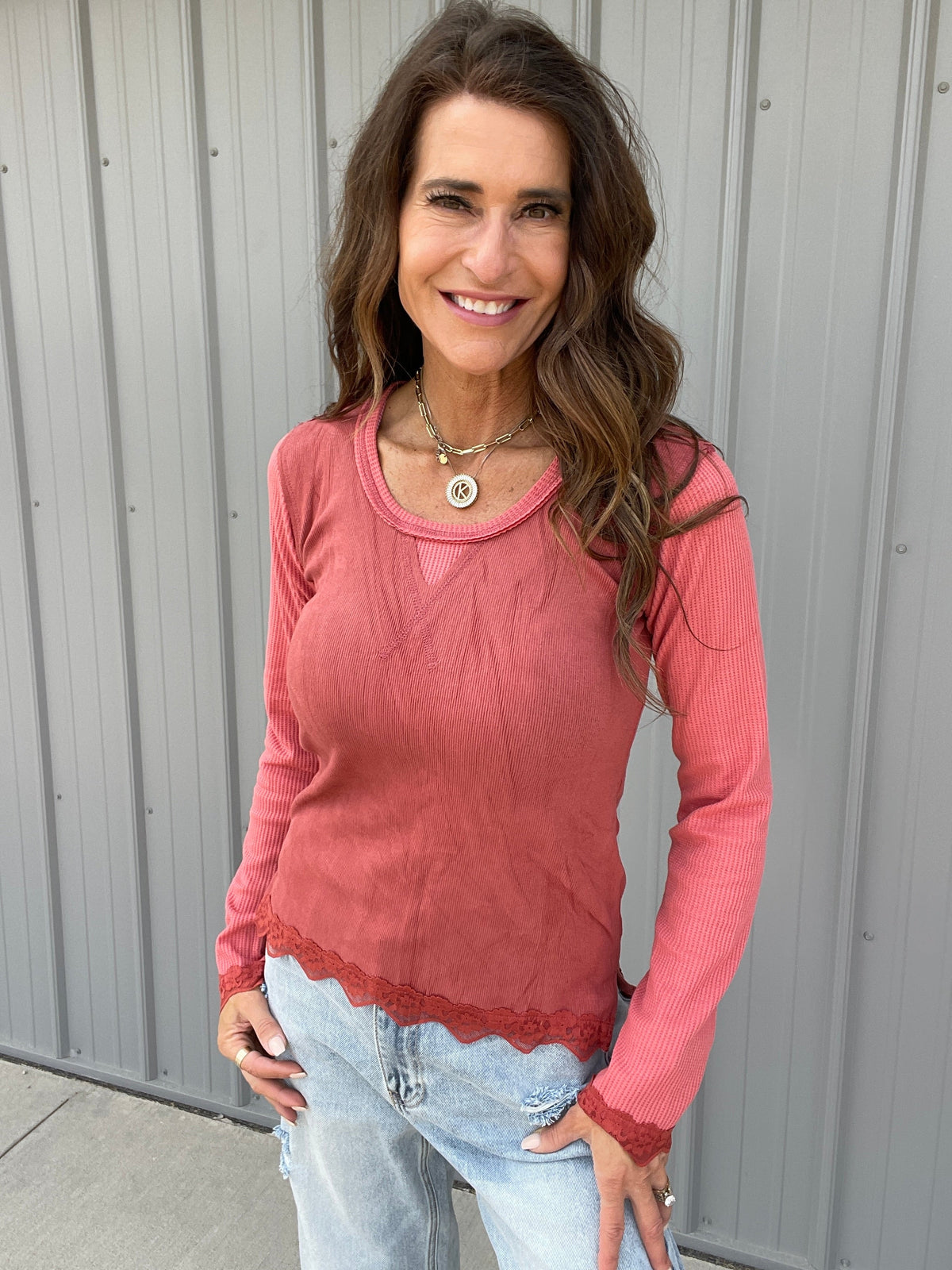 POL Effortless Style Lace Thermal Top In 4 Colors: Charcoal, Mauve, Red, Cream *Final Sale*