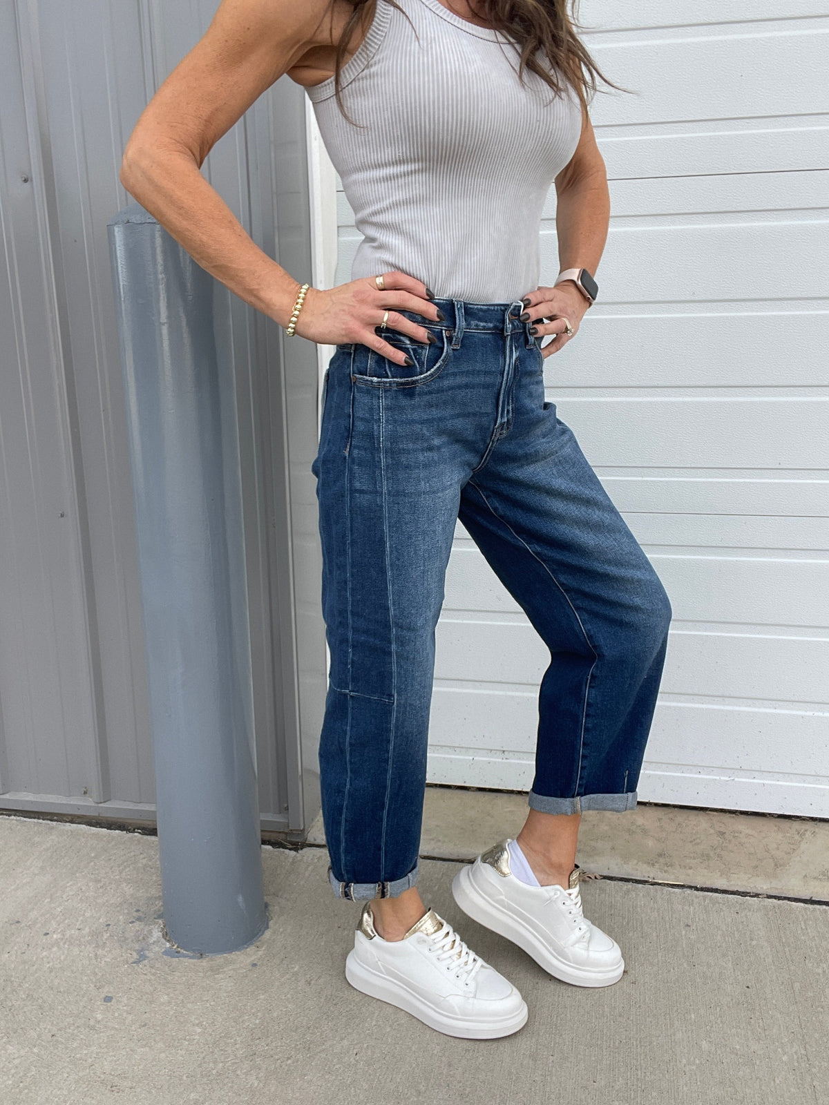 Risen Katelyn Slimming Seamed Barrel Jeans 933 In Dark & Medium