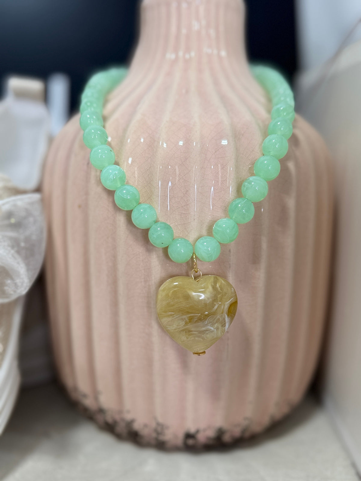 Green Beaded Stone & Heart Necklace *Final Sale*