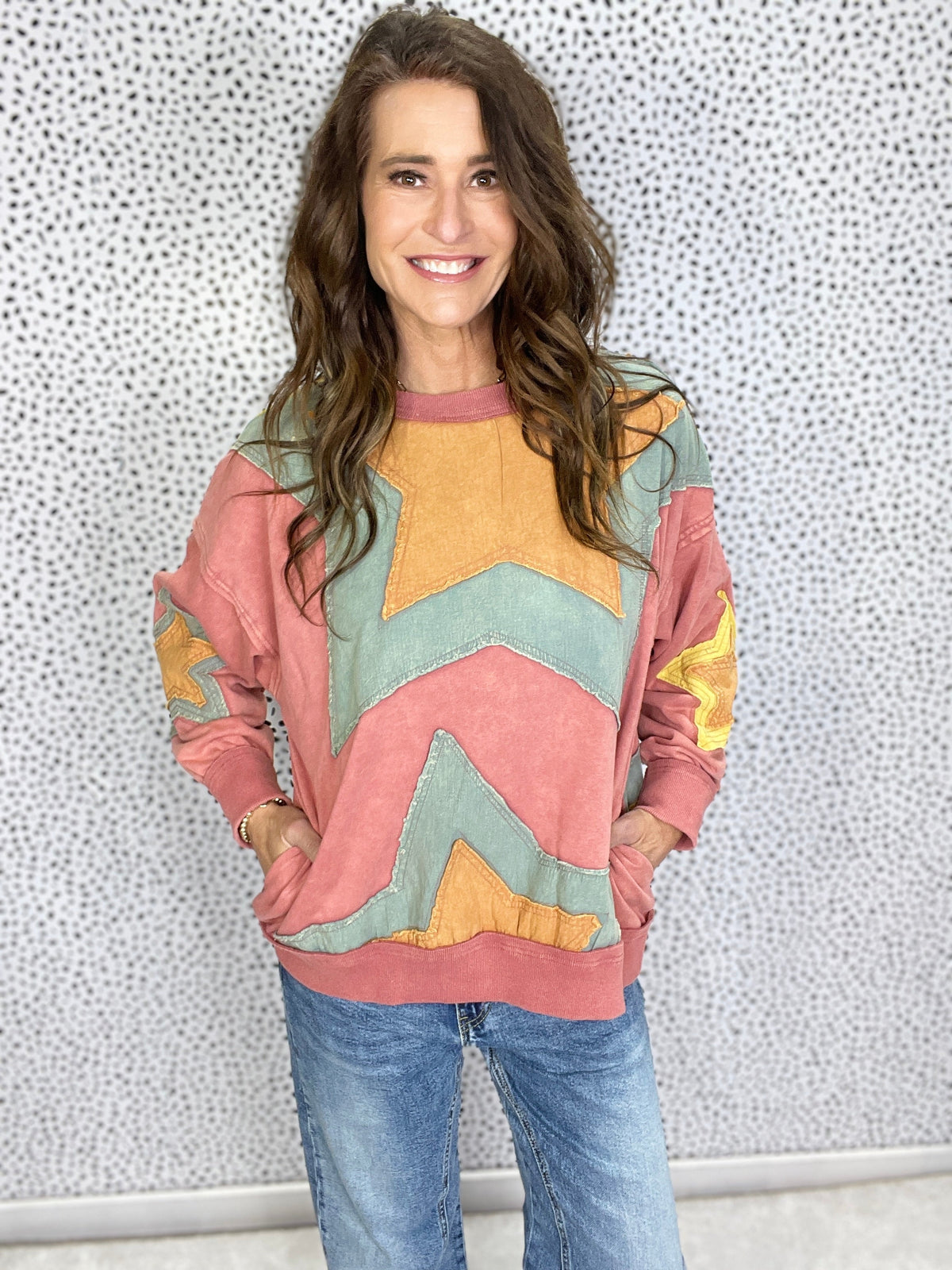 Oli & Hali Now Or Never Washed Star Patch Pullover Top In 2 Colors