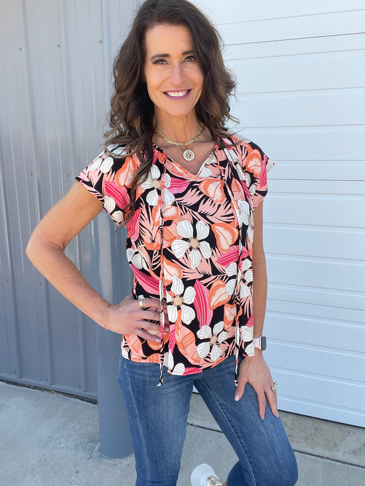 Flower Show Front Tie Raglan Sleeve Top