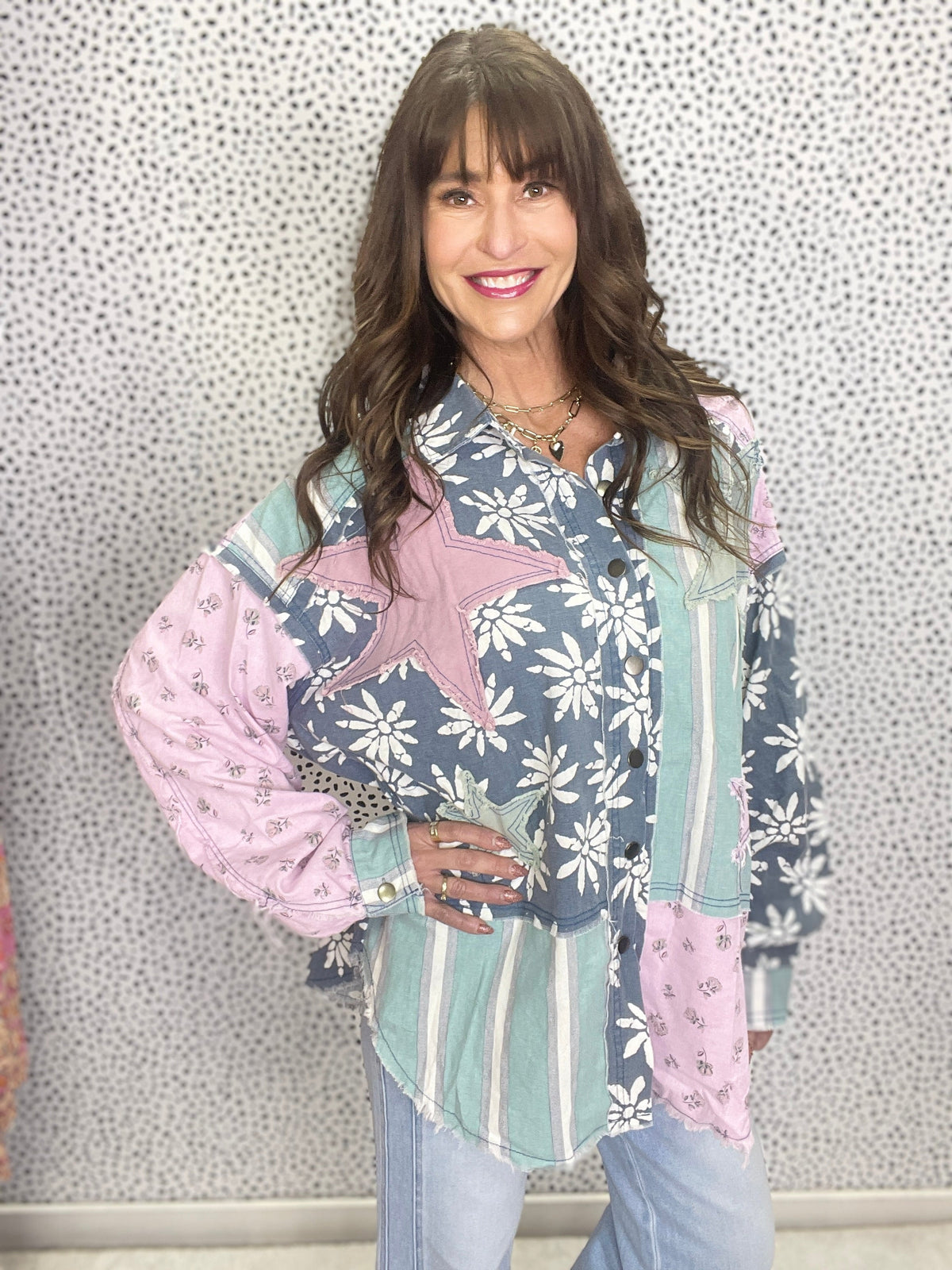 Lights, Camera, Action Star Patch Button Down Top In Denim *Final Sale*
