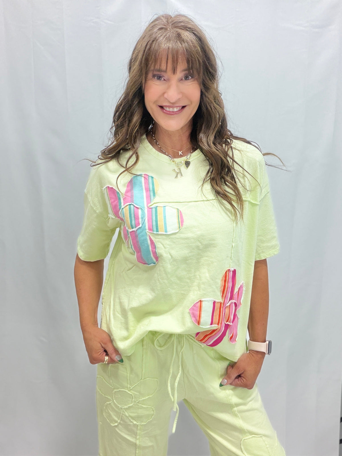 Cotton French Terry Double Flower Patch Top in Soft Lime *Final Sale*
