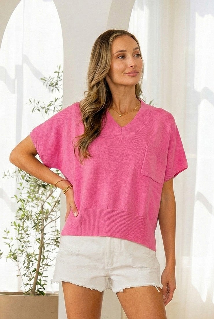 Relaxed Fit Short Sleeve V Notch Neck Knit Top *Final Sale*