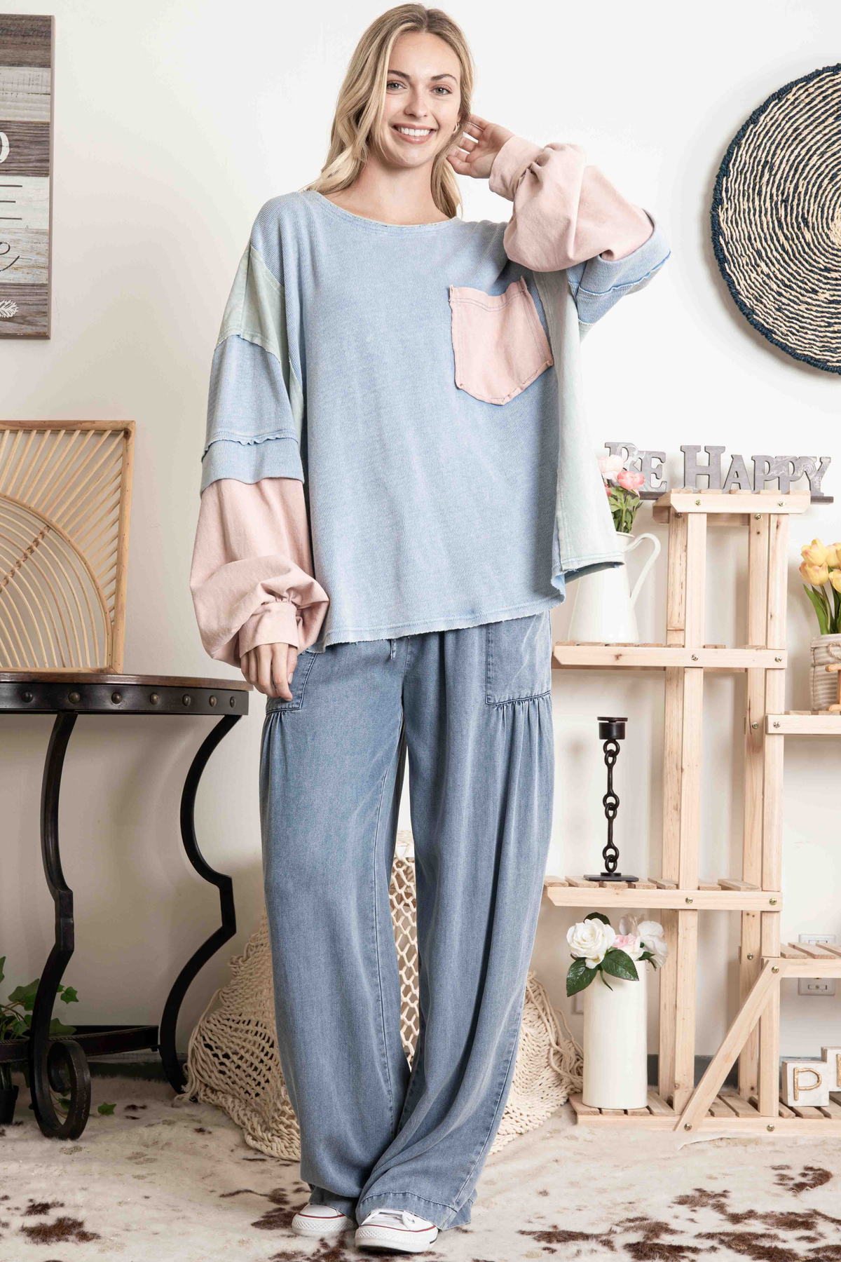 Peace Of You Back Patch Long Sleeve Top In Blue