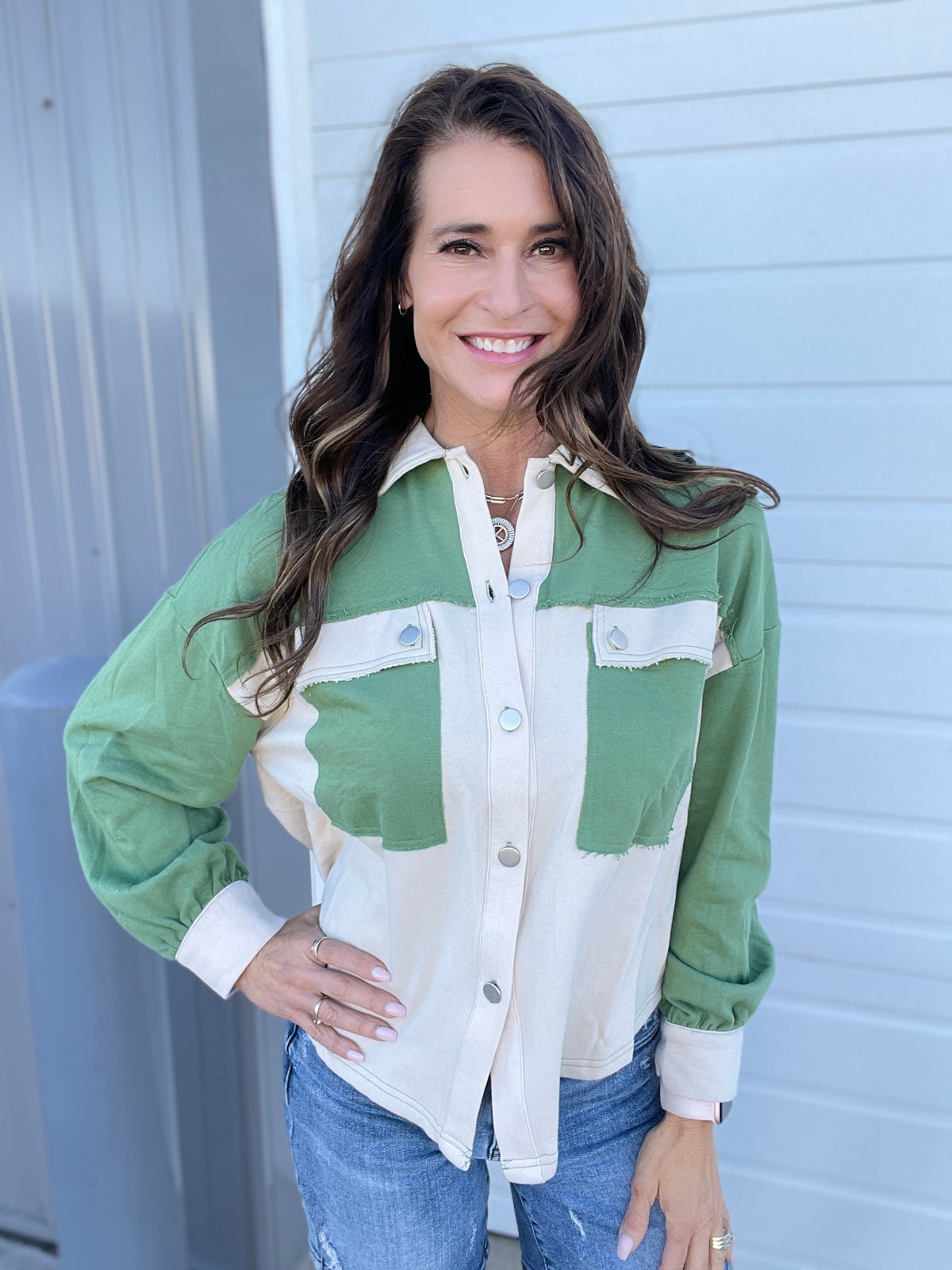 Urban Chill Colorblock Shacket In 2 Colors: Ash, Matcha