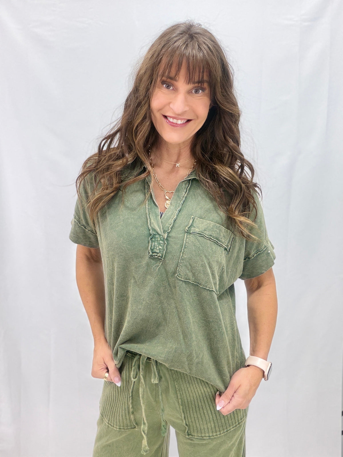 Stonewash Relaxed Collared Pocket Top in 4 Colors