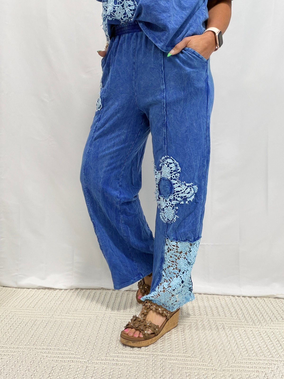 Floral Fun Crochet Patched Pants In 4 Colors