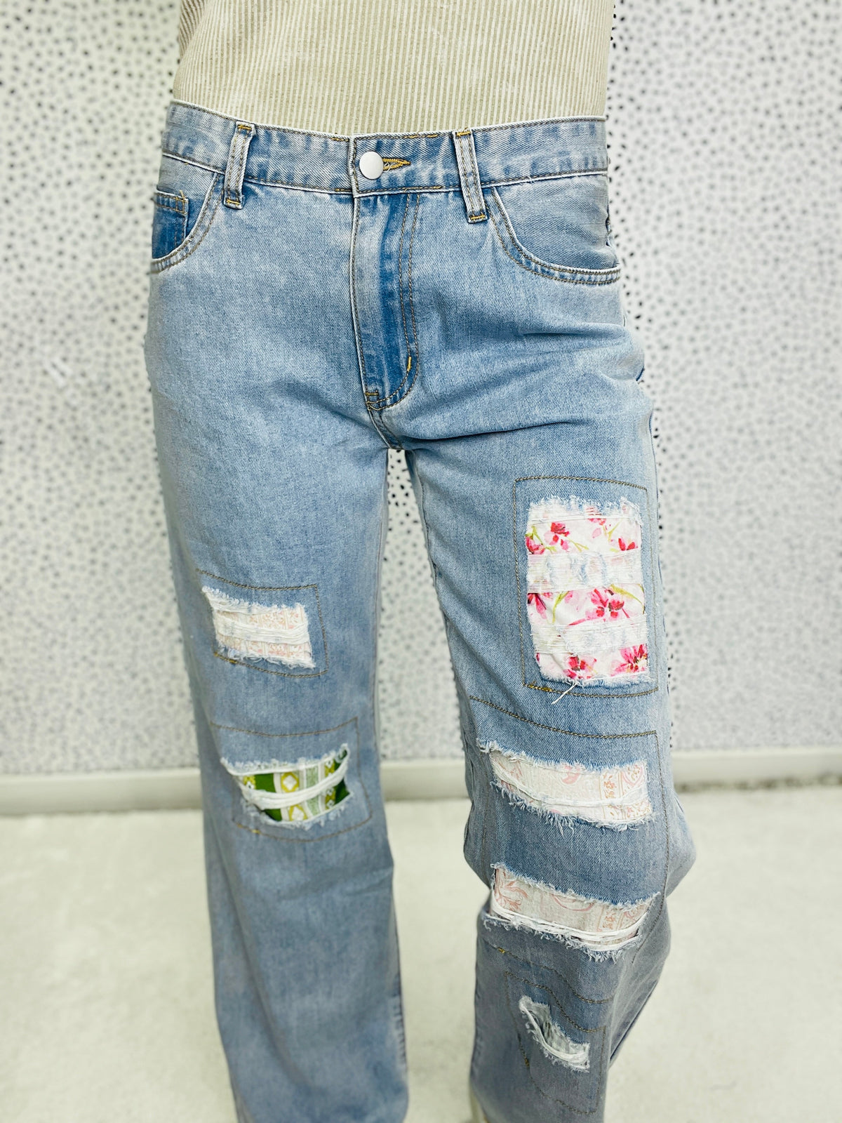 POL Call Me Fun Contrast Patch Bottoms In Denim *Final Sale*