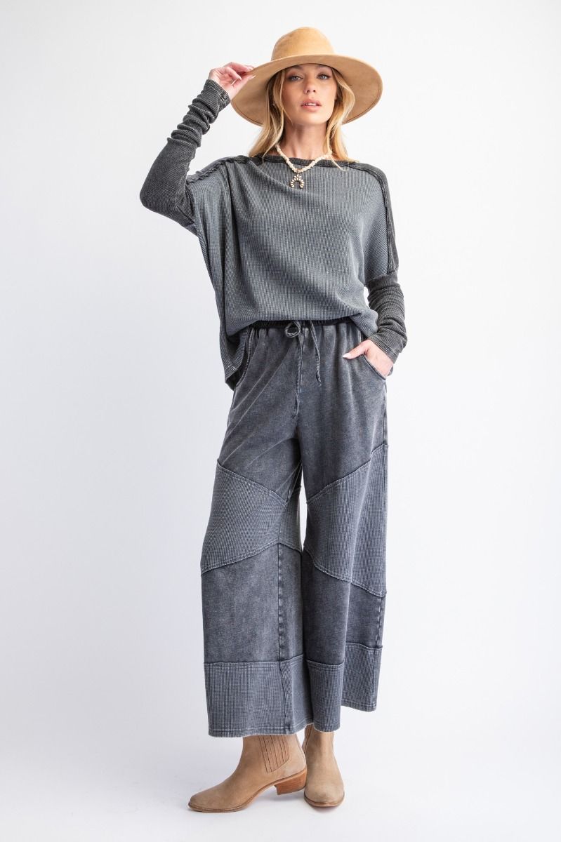 Some Fun Washed Thermal Mix Pants In 2 Colors: Black, Mocha *Final Sale*