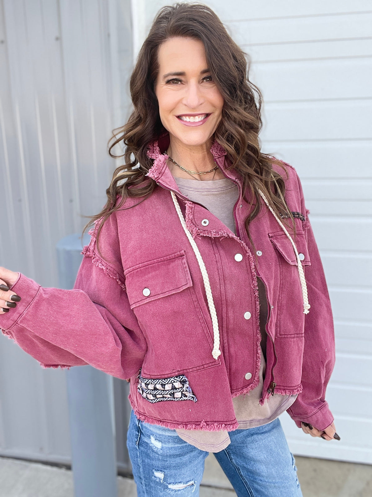 POL Be The One High Neck Twill Jacket In Burgundy *Final Sale*