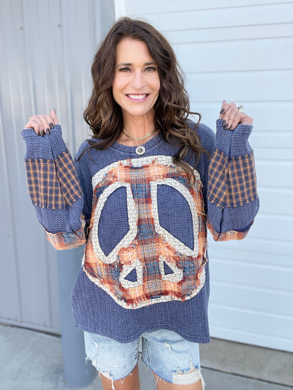 Oli & Hali Nothing But Peace Plaid Mix Long Sleeve Top In 2 Colors: Navy, Creme *Final Sale*
