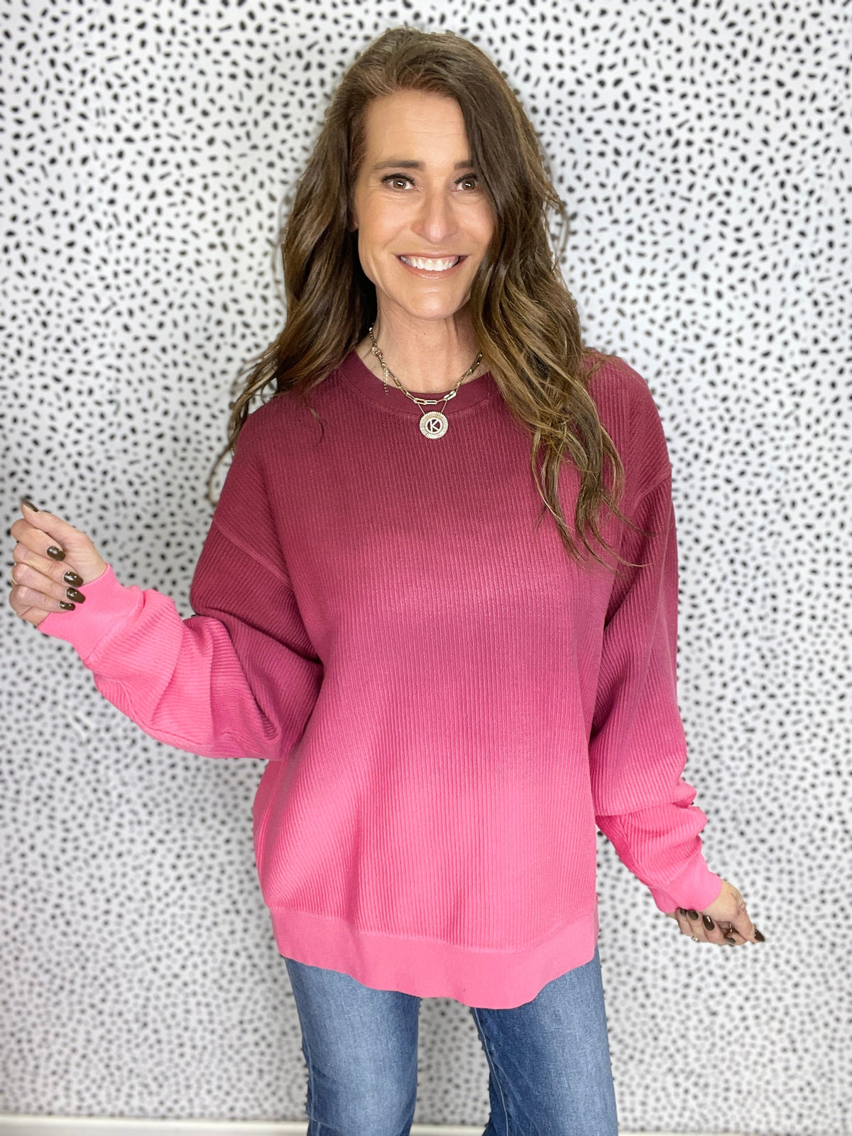 Ombre Cranberry Melt Snow Washed Corded Crewneck Pullover Sweatshirt