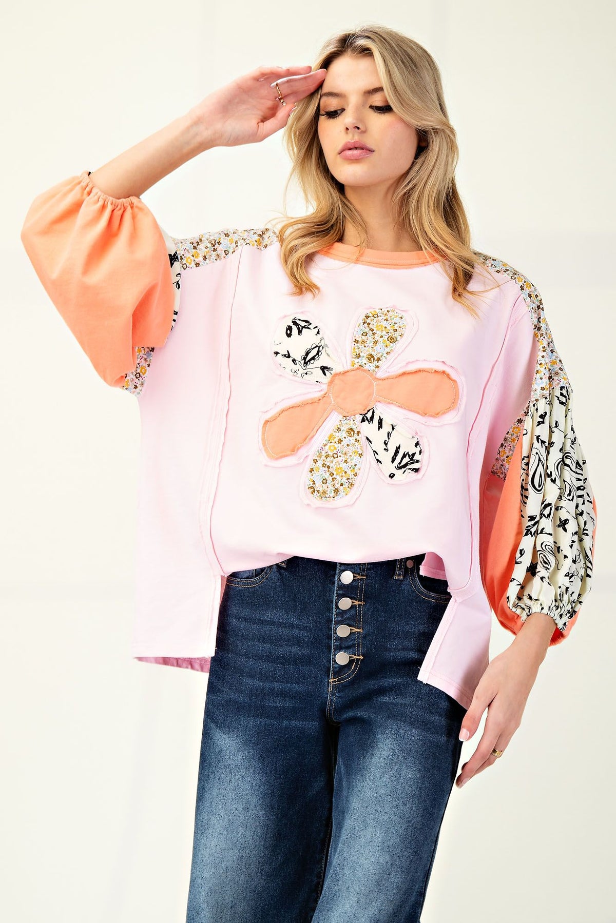 Floral Fusion Print Mix Flower Patch Soft Washed Knit Top In 3 Colors