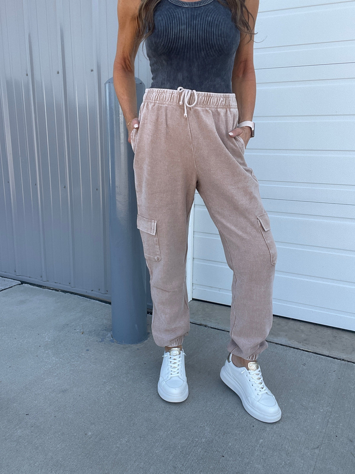 Corded Snow Washed Relaxed Jogger In 3 Colors: Black, Light Mocha, Light Purple
