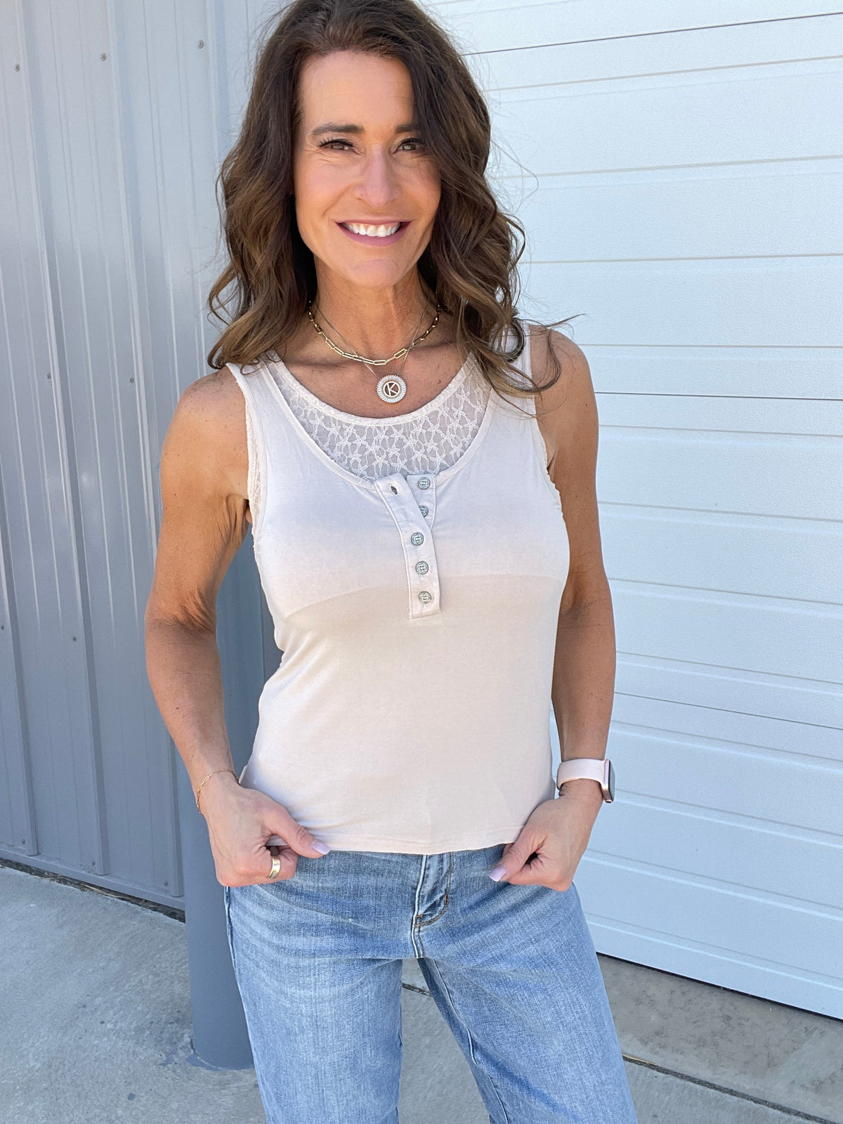Pol Delicate Charm Lace Inset Tank Top In 2 Colors: Oatmeal, Off White