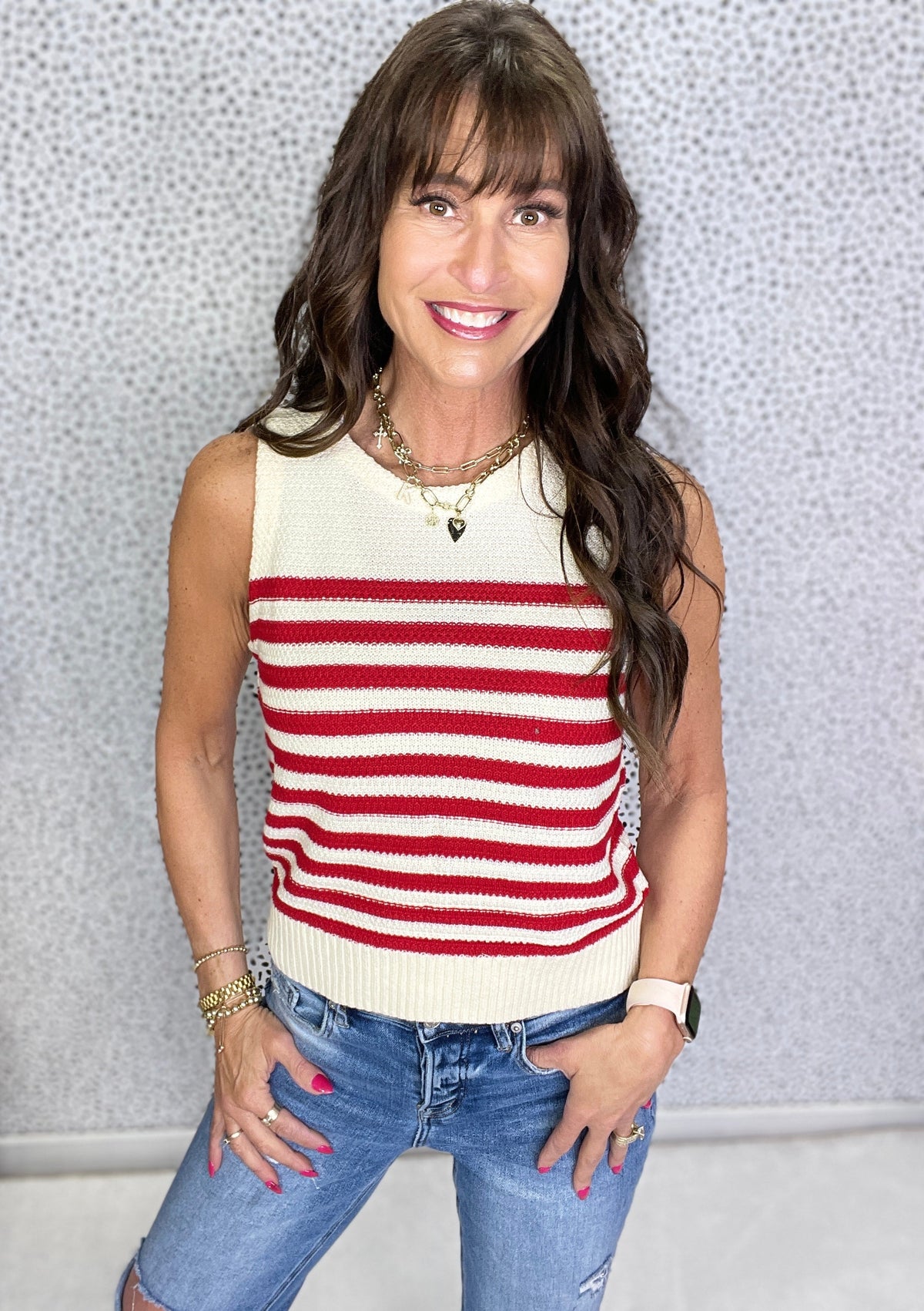 Gracie P Red Stripe Textured Knit Ribbed Hem Sleeveless Sweater *Final Sale*