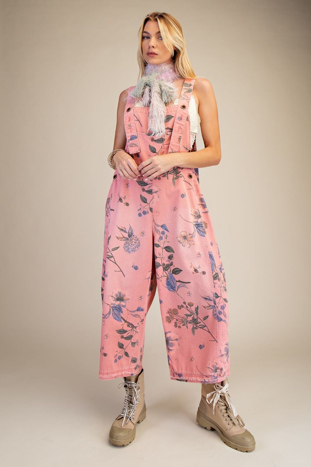 Flower Printed Washed Denim Jumpsuit In 3 Colors