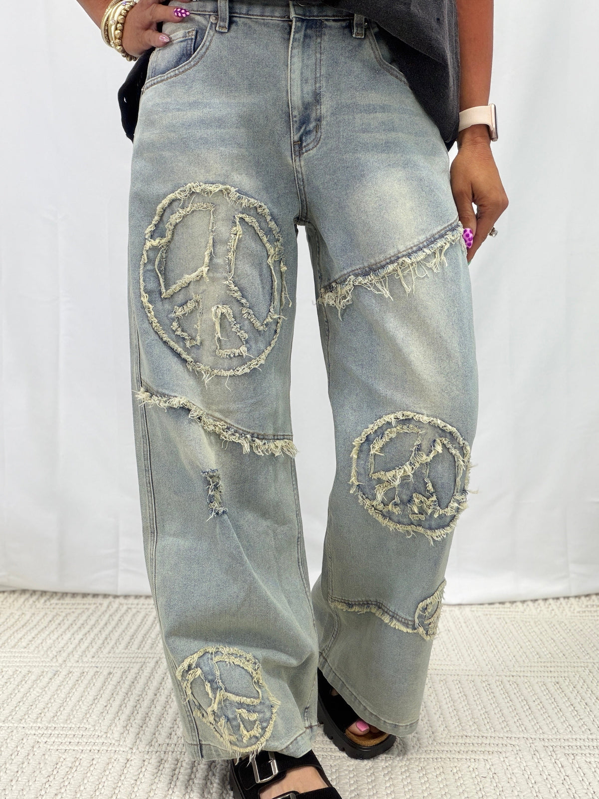 Groovy Peace Patch Jeans In Denim