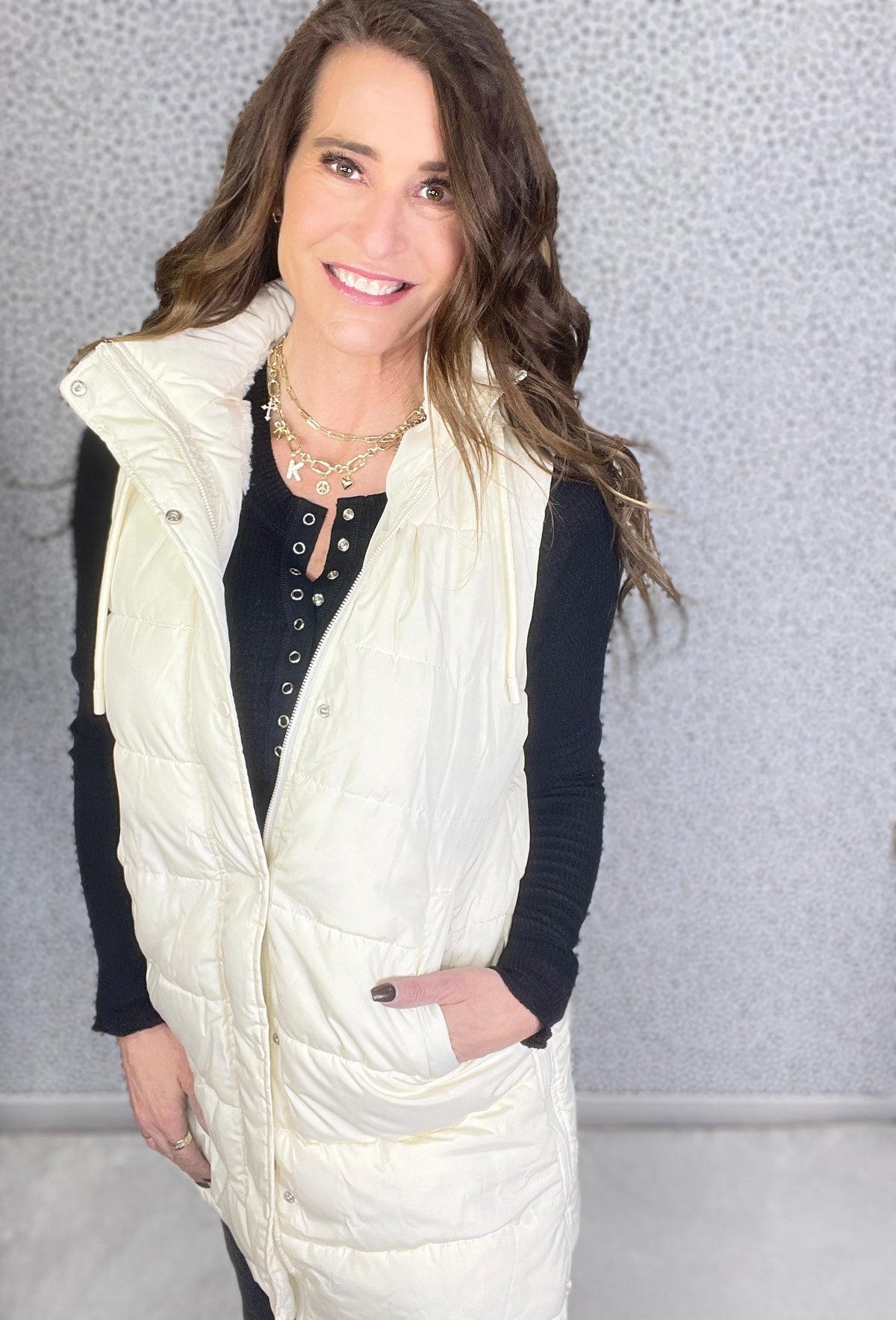 Follow Me Long Puffer Hooded Lined Vest In Ivory *Final Sale*