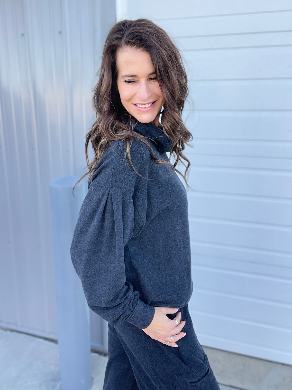 Moving On Brushed Hacci Top In 3 Colors: Charcoal, Cinnamon, Teal *Final Sale*