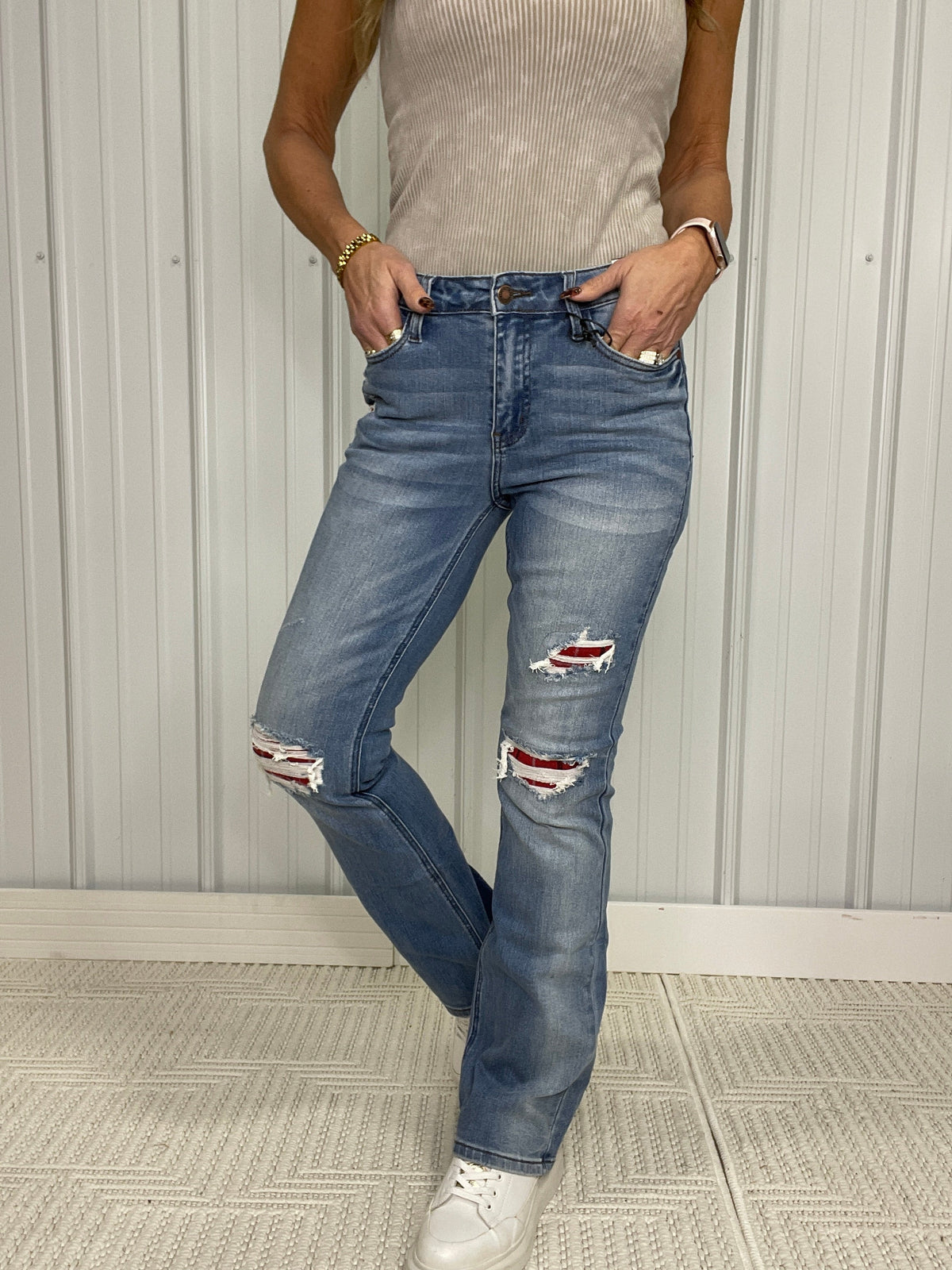 Judy Blue Holly Plaid Patch Boot Cut Jeans 696