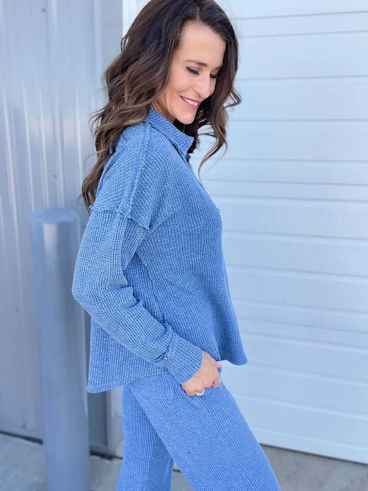 On To The Weekend Cotton Waffle Knit Top In 3 Colors: Black, Brown, Blue