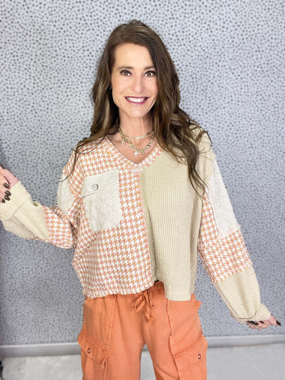 POL Steady And True Tweed Patch Long Sleeve Top In 2 Colors *Final Sale*