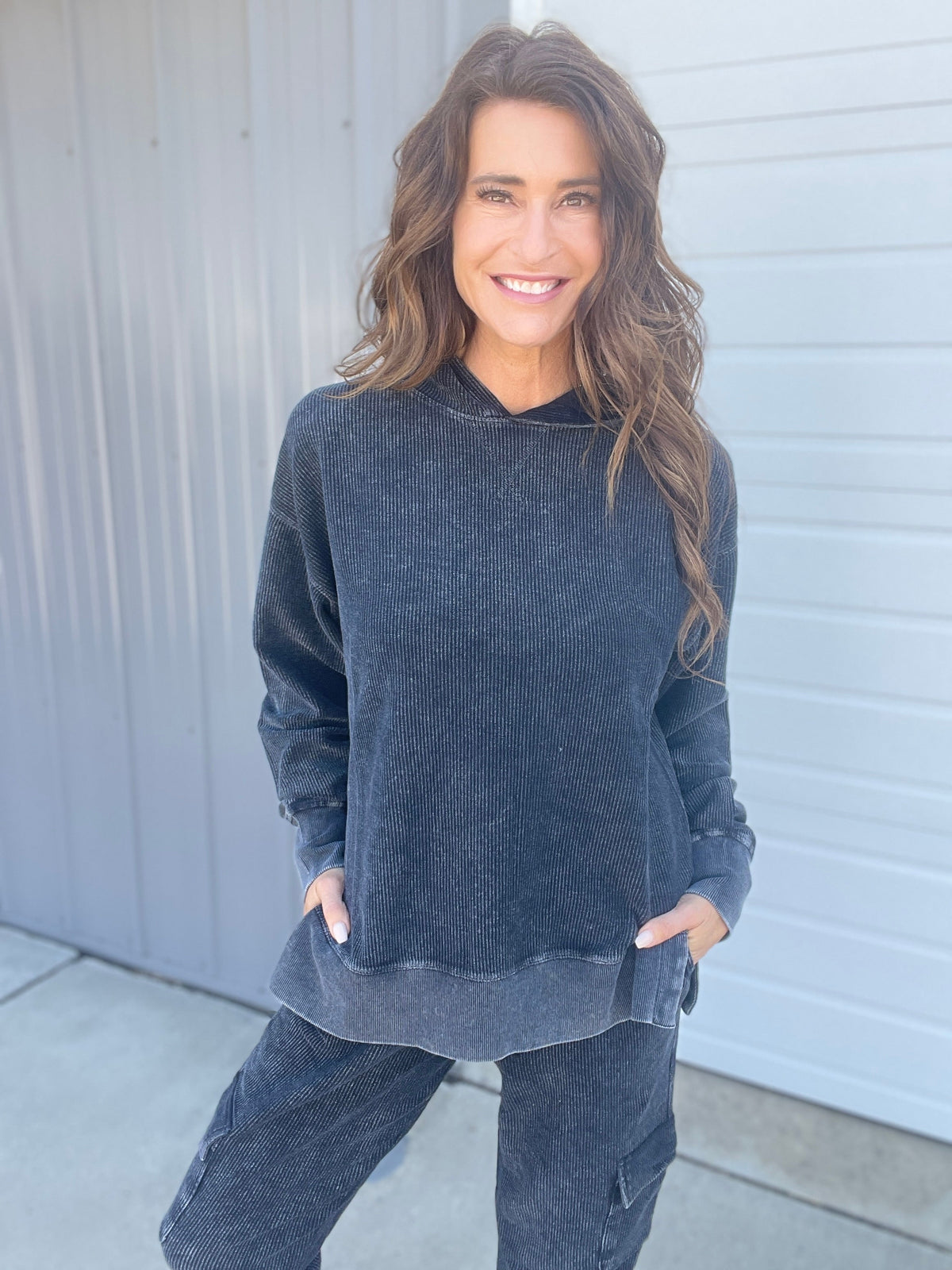 Snow Washed Corded Hoodie In 3 Colors: Black, Light Mocha, Light Purple