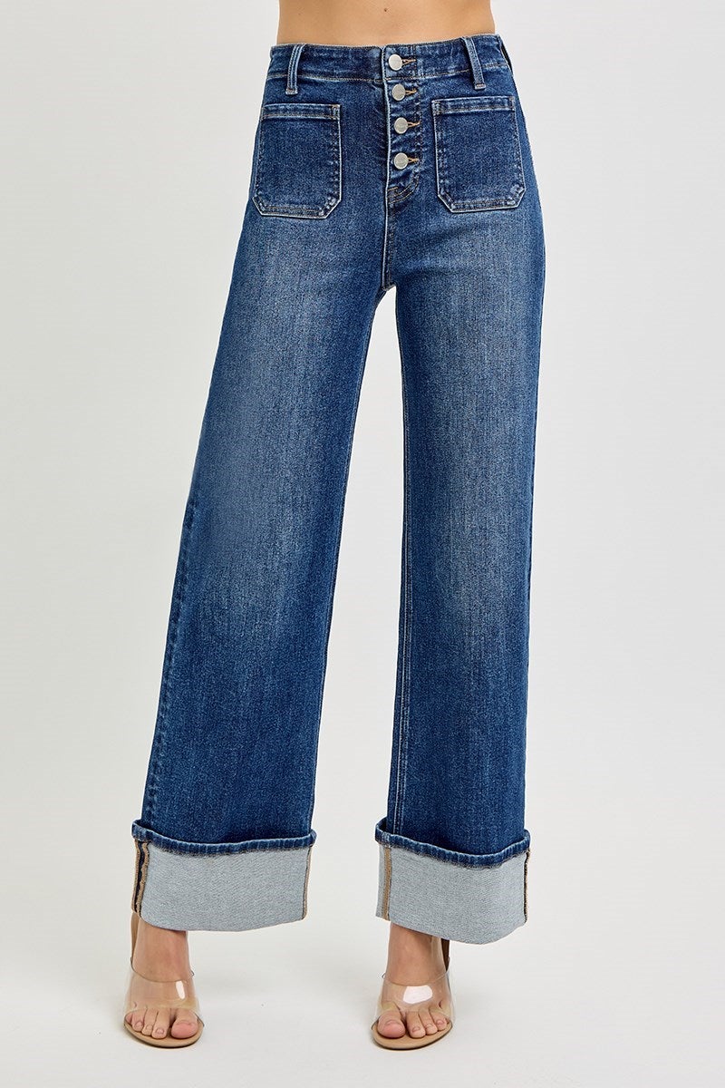 Risen Cindy High Rise Wide Bottom Button Down Front Patch Pocket Cuffed Jeans 965