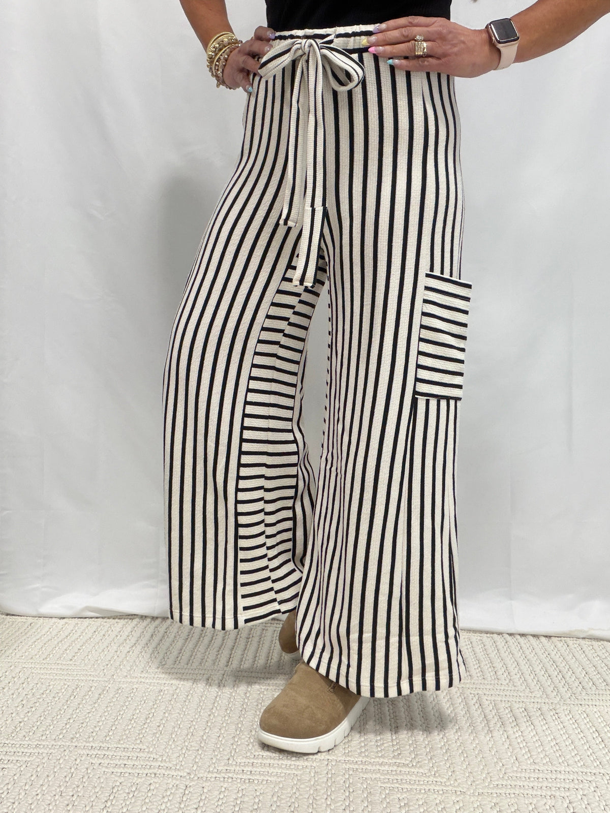 It'll Steal Your Breath Wide Leg Pants In White/Black Stripe