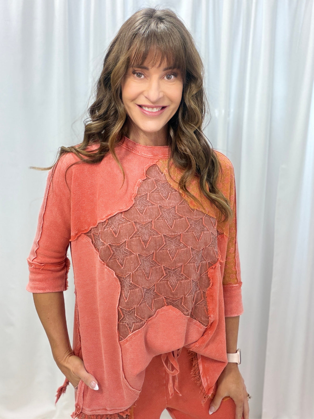 Star Patchwork Quarter Sleeve Top In 3 Colors