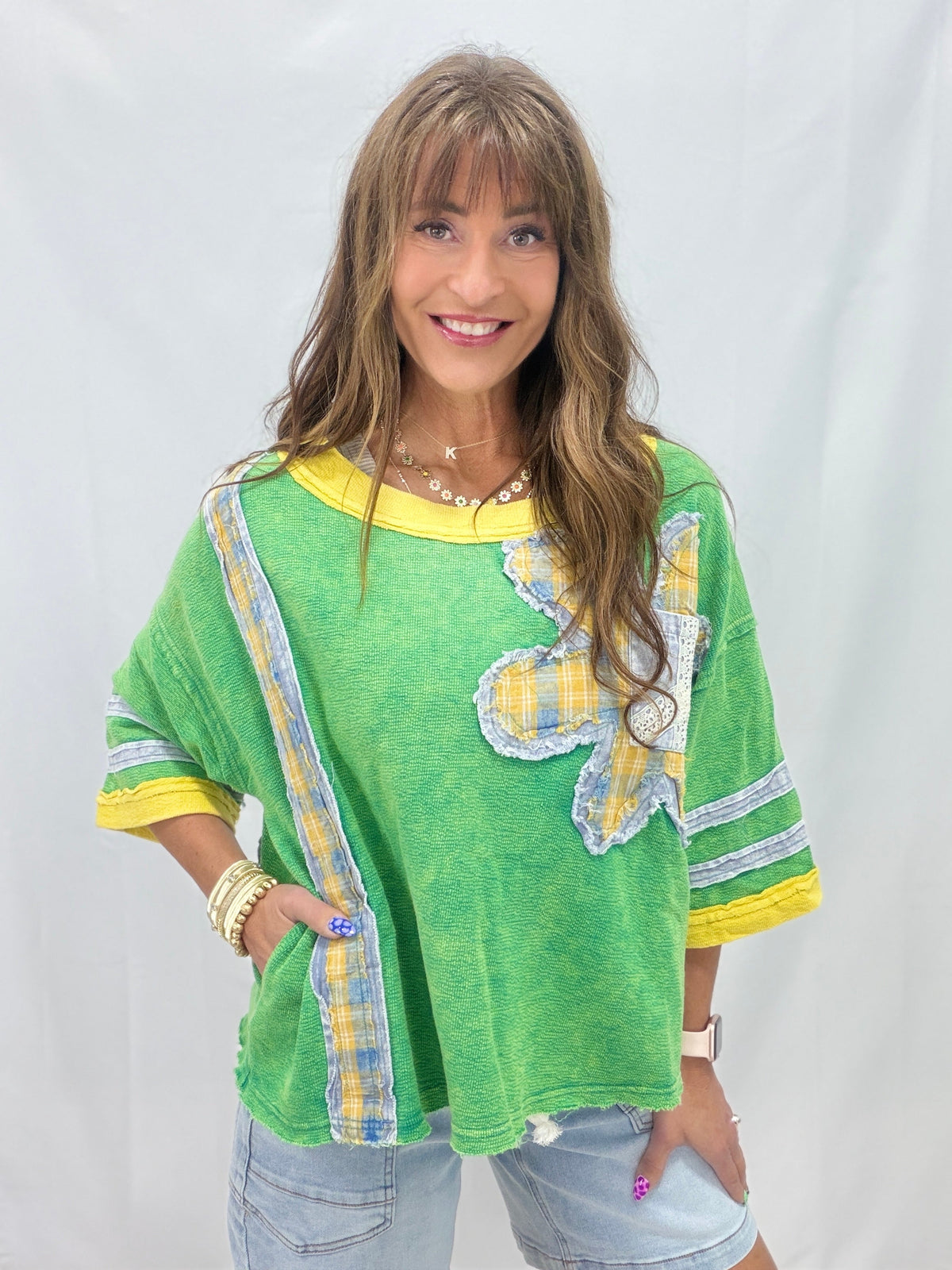 Oli & Hali Boho Bloom Patchwork Knit Top In 2 Colors