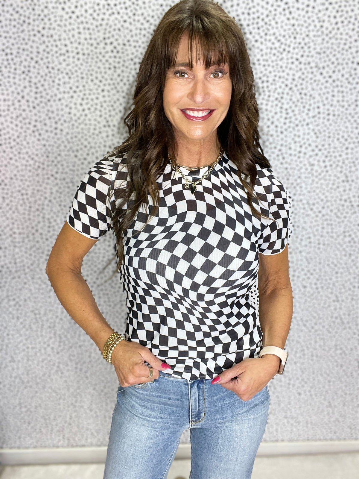 Gracie P Black Checker Mesh Crew Neck T Shirt