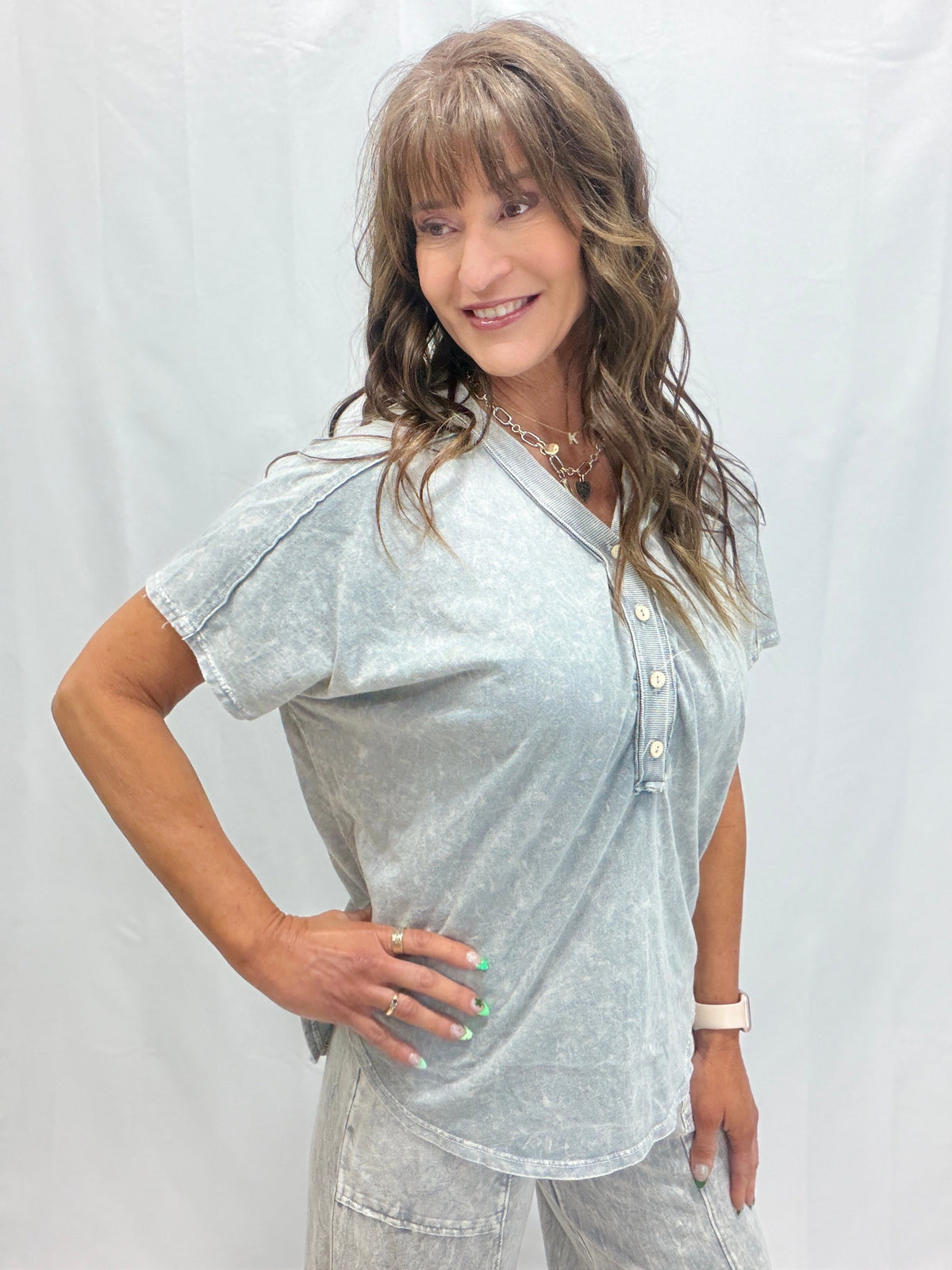 So Effortless V-Neck Button Detail Top In 4 Colors