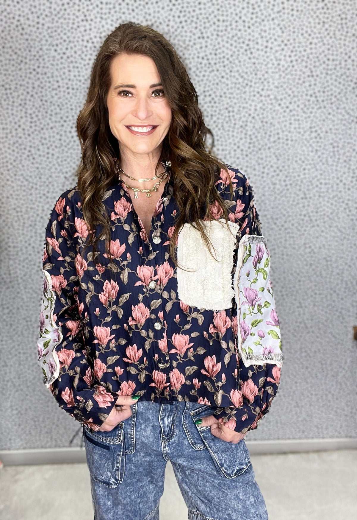POL Talk To Me Contrast Floral Paneled Shacket *Final Sale*