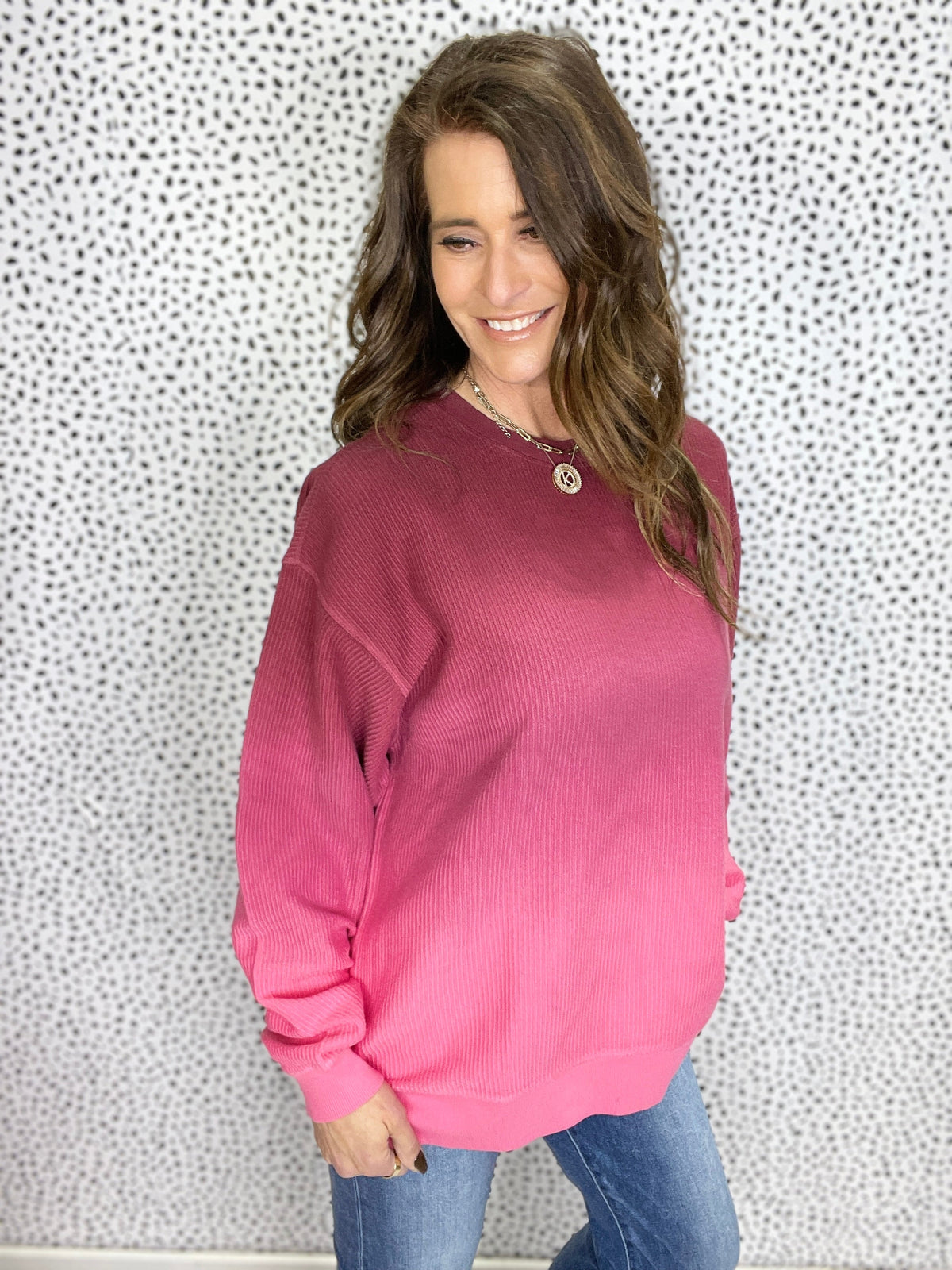 Ombre Cranberry Melt Snow Washed Corded Crewneck Pullover Sweatshirt