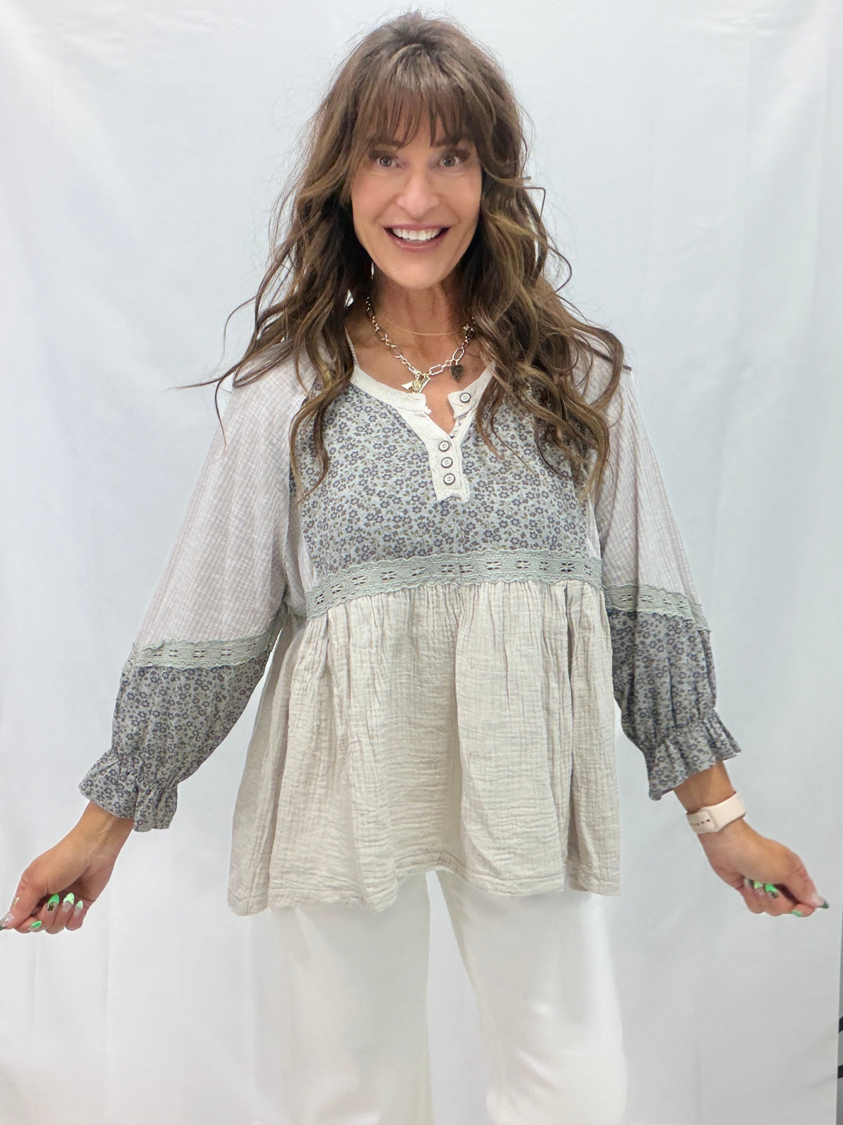 Pol Dancing Flowers Mixed Material Top