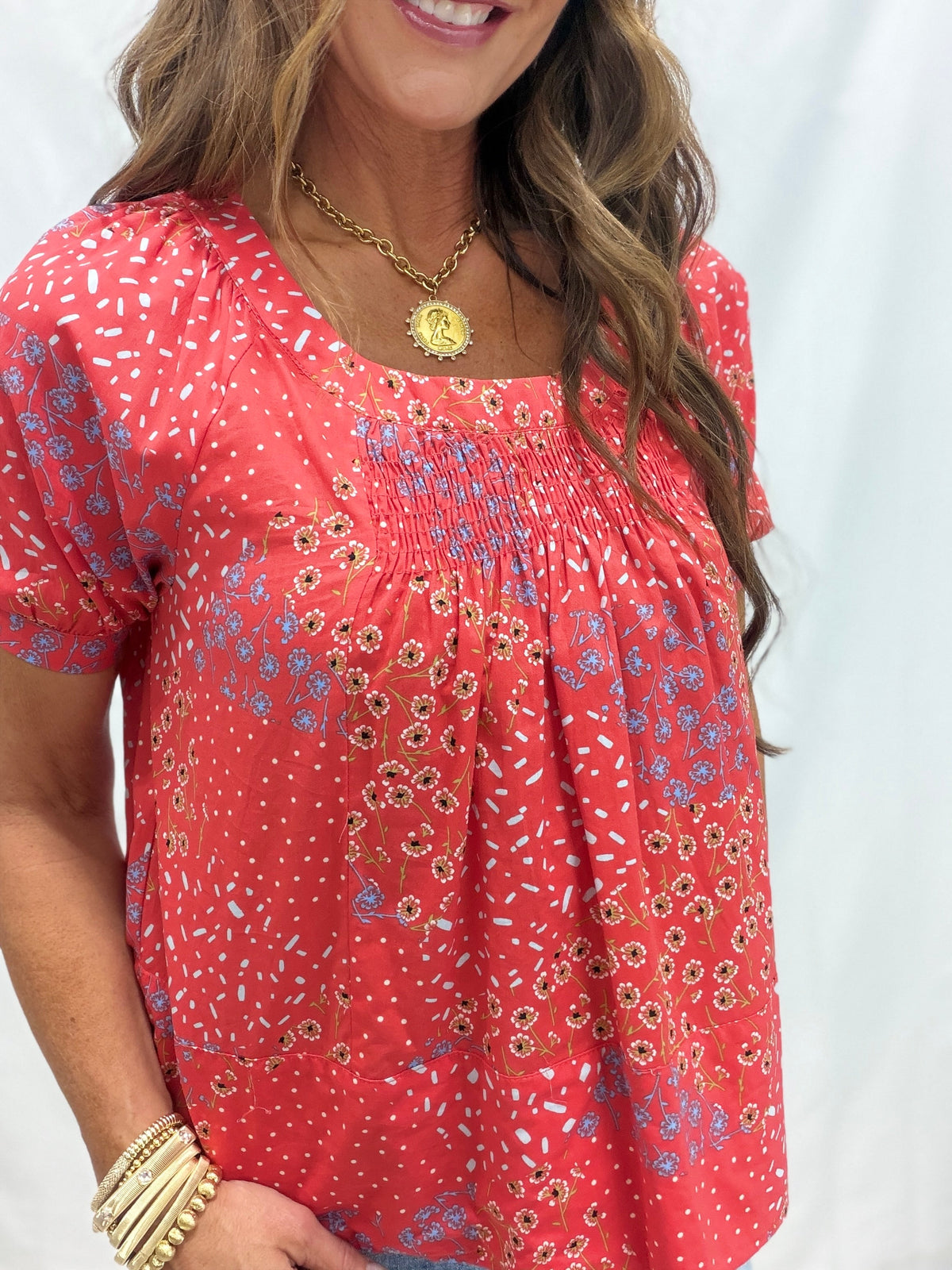 Printed Cotton-Lawn Woven Top In Red