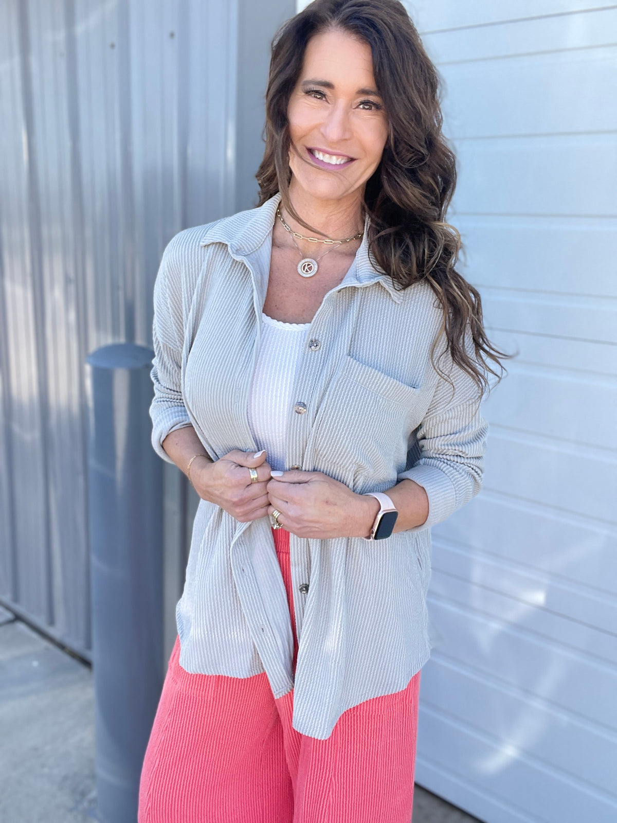 Blossom And Blooming Ribbed Button Down Long Sleeve Easy Fit Shirt In 2 Colors *Final Sale*