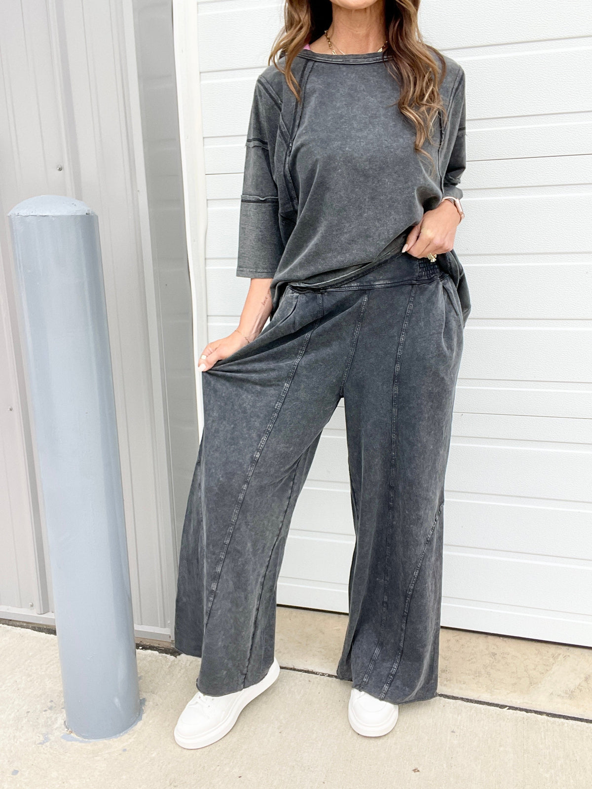 To The Top Mineral Washed Full Length Pants In 3 Colors: Black, Mocha, Green