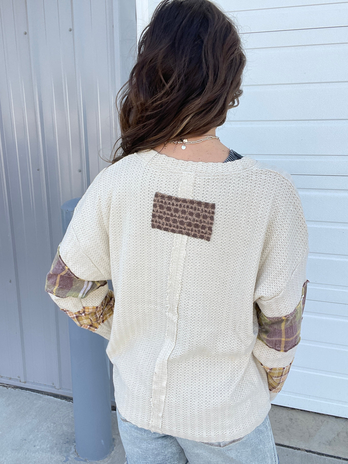Oli & Hali Nothing But Peace Plaid Mix Long Sleeve Top In 2 Colors: Navy, Creme *Final Sale*