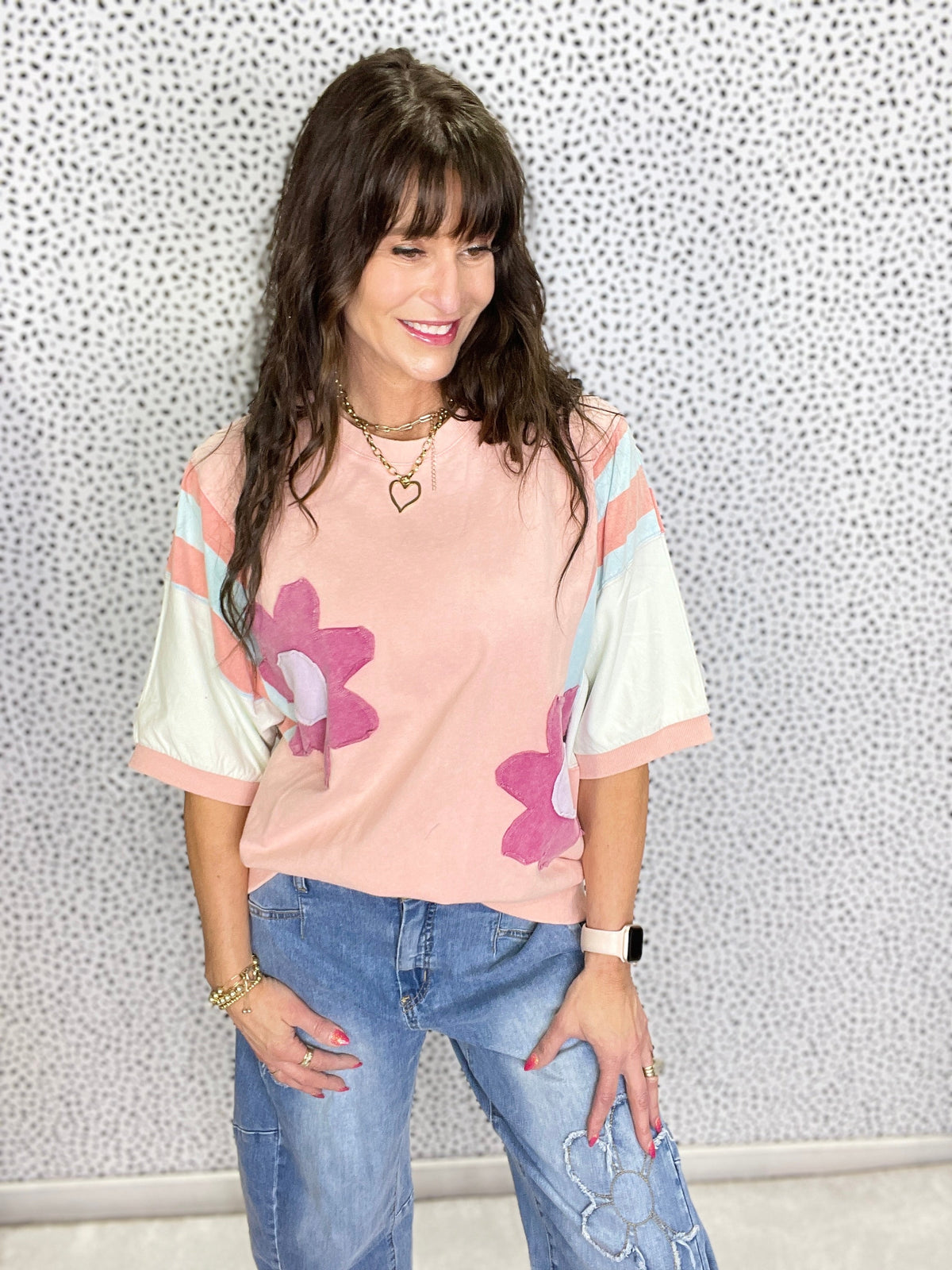 Blooming Marvelous Color Block Flower Patch Terry Knit Top In 3 Colors *Final Sale*