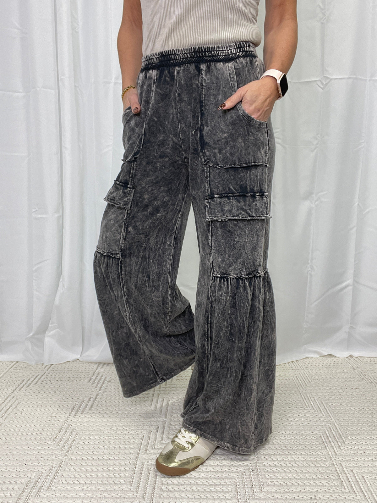 Living My Life Cargo Flare Pants In Ashed Black *Final Sale*