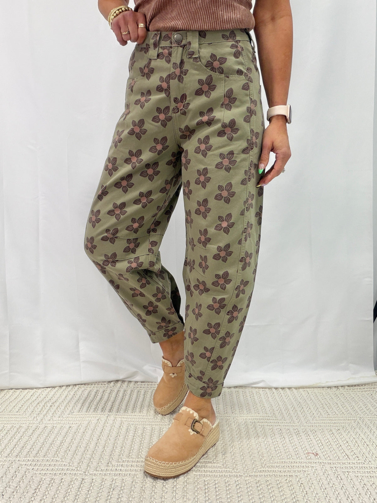 Picture This Flower Print Barrel Pants In Olive