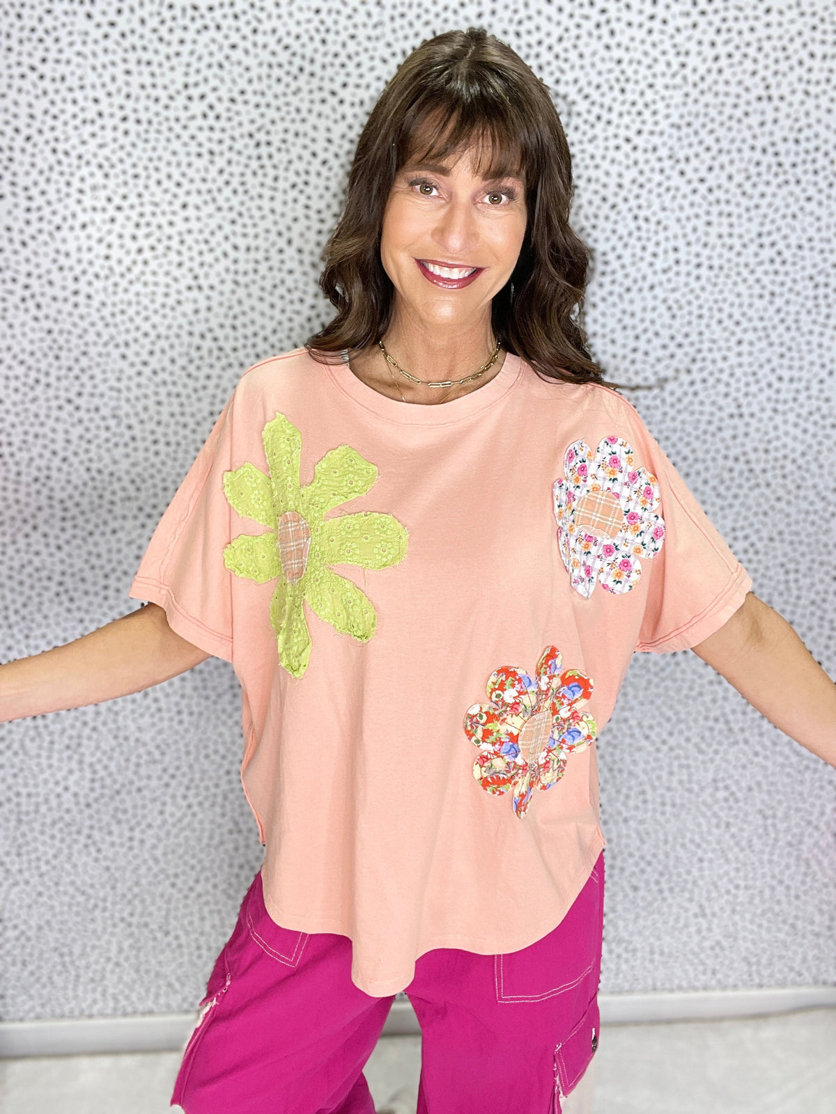Take A Stroll In The Park Short Sleeve Flower Patch Top In 3 Colors *Final Sale*
