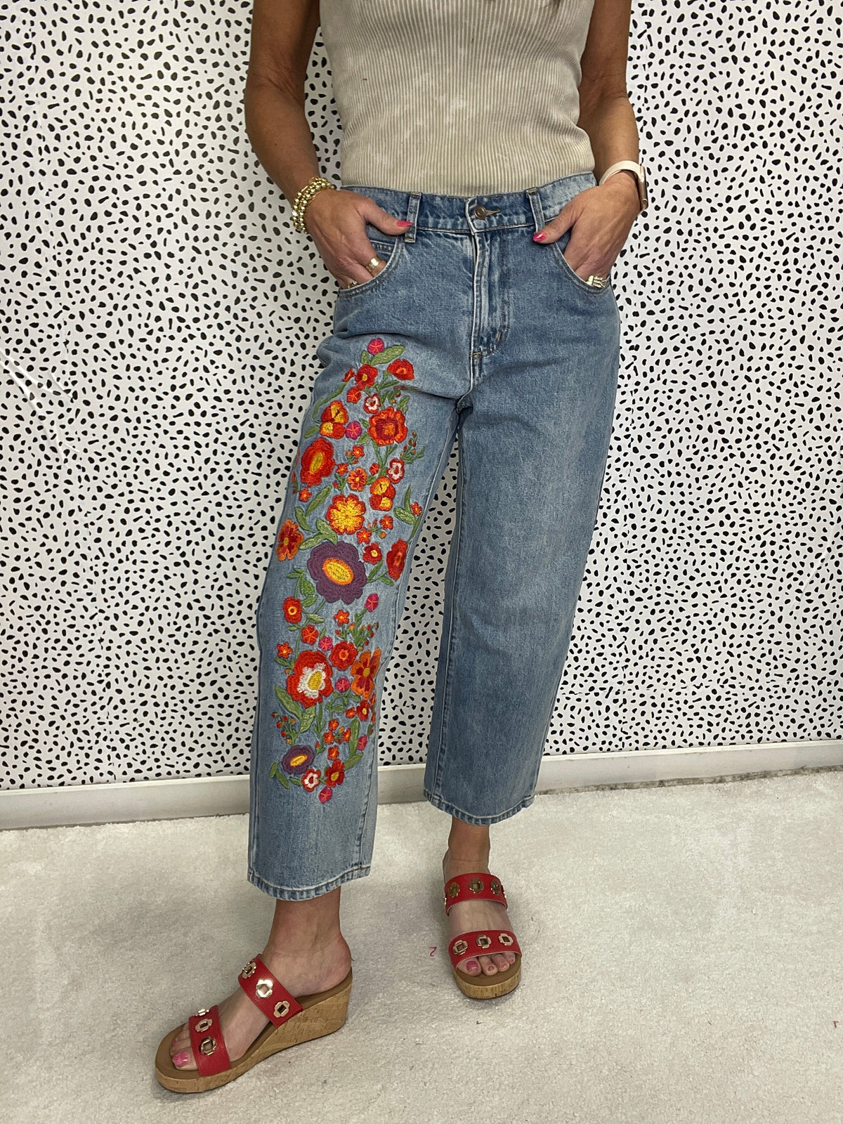 Oli & Hali Rachelle Washed Flower Embroidered Jeans 001 In Denim *Final Sale*