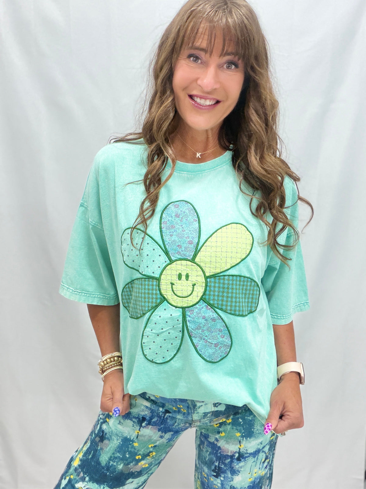 Take The Hint Floral Smiley Face Patch Top In 2 Colors