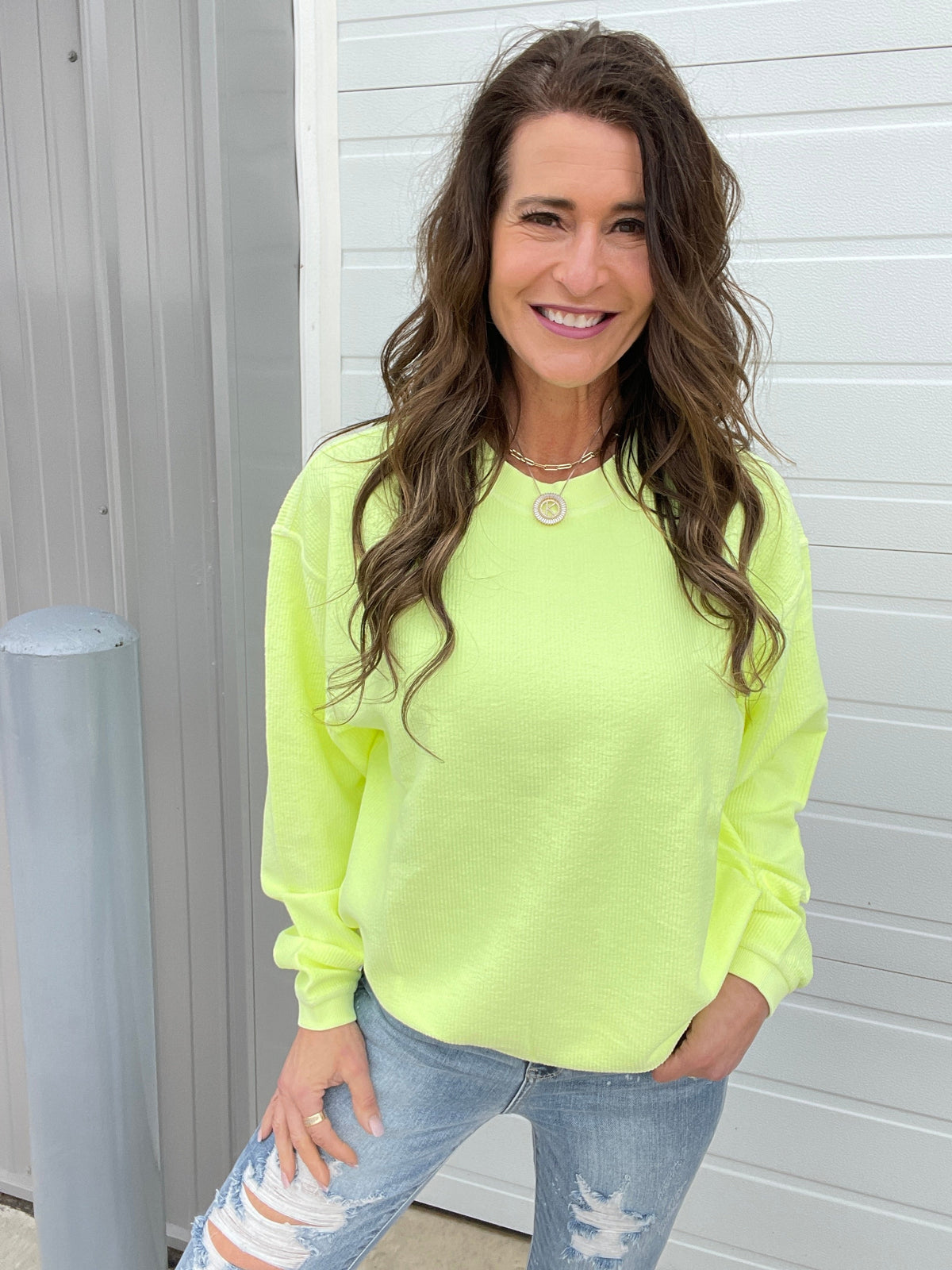 Neon Snow Washed Corded Crewneck in Neon Coral, Yellow, Pink, Lime