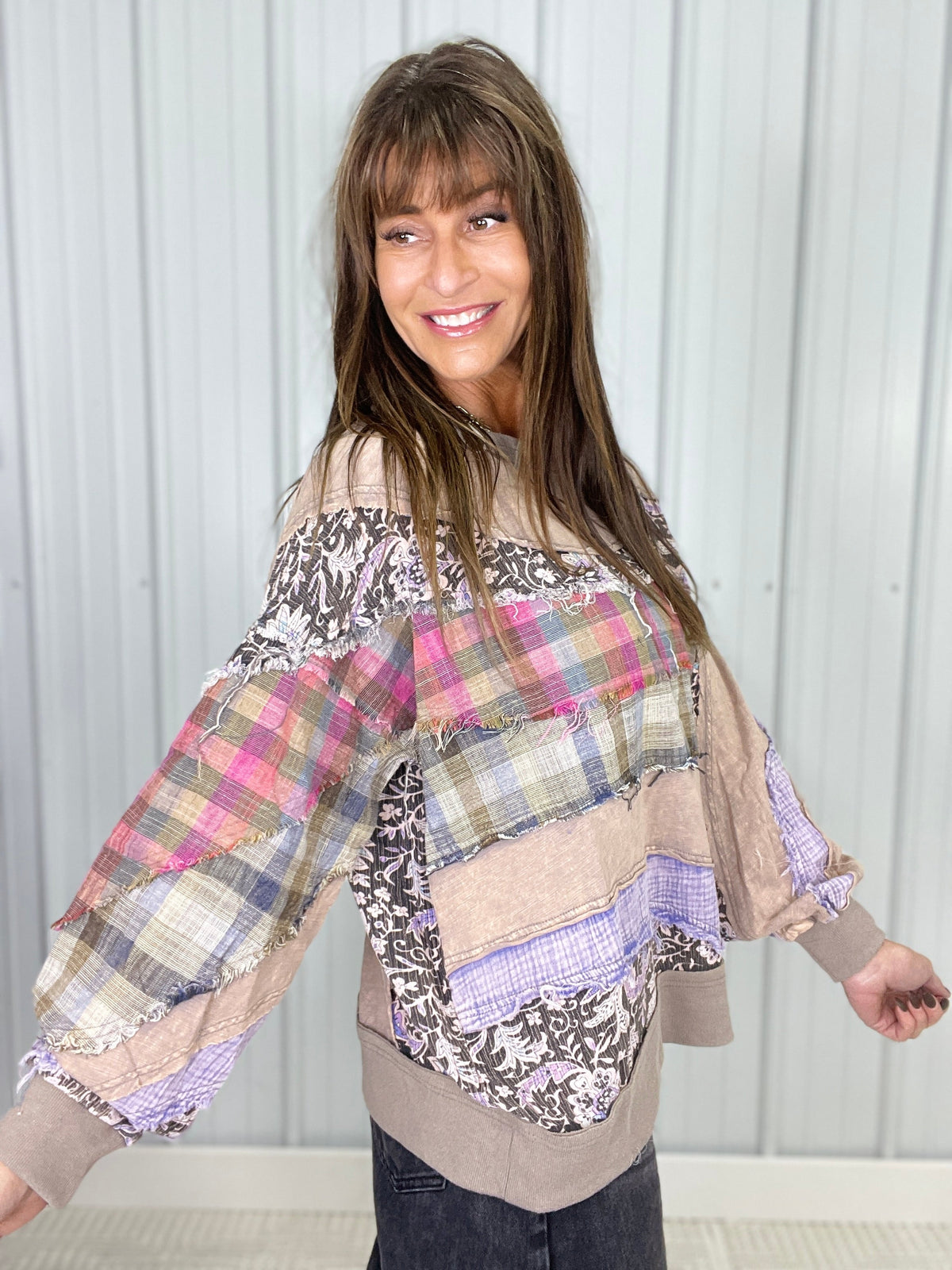 Oli & Hali All Of This Mix Fabric Long Sleeve Top In 2 Colors